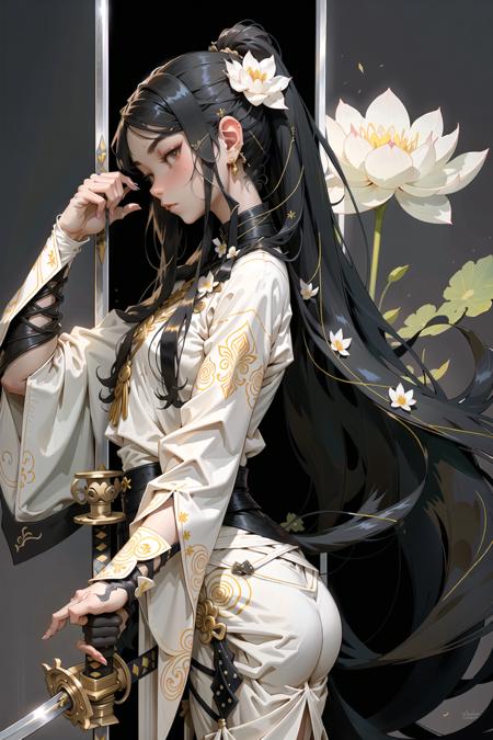00695-1990742297-sword, weapon, flower, katana, white_flower, earrings, long_hair, jewelry, black_hair, holding_sword, solo, holding, black_backg.png